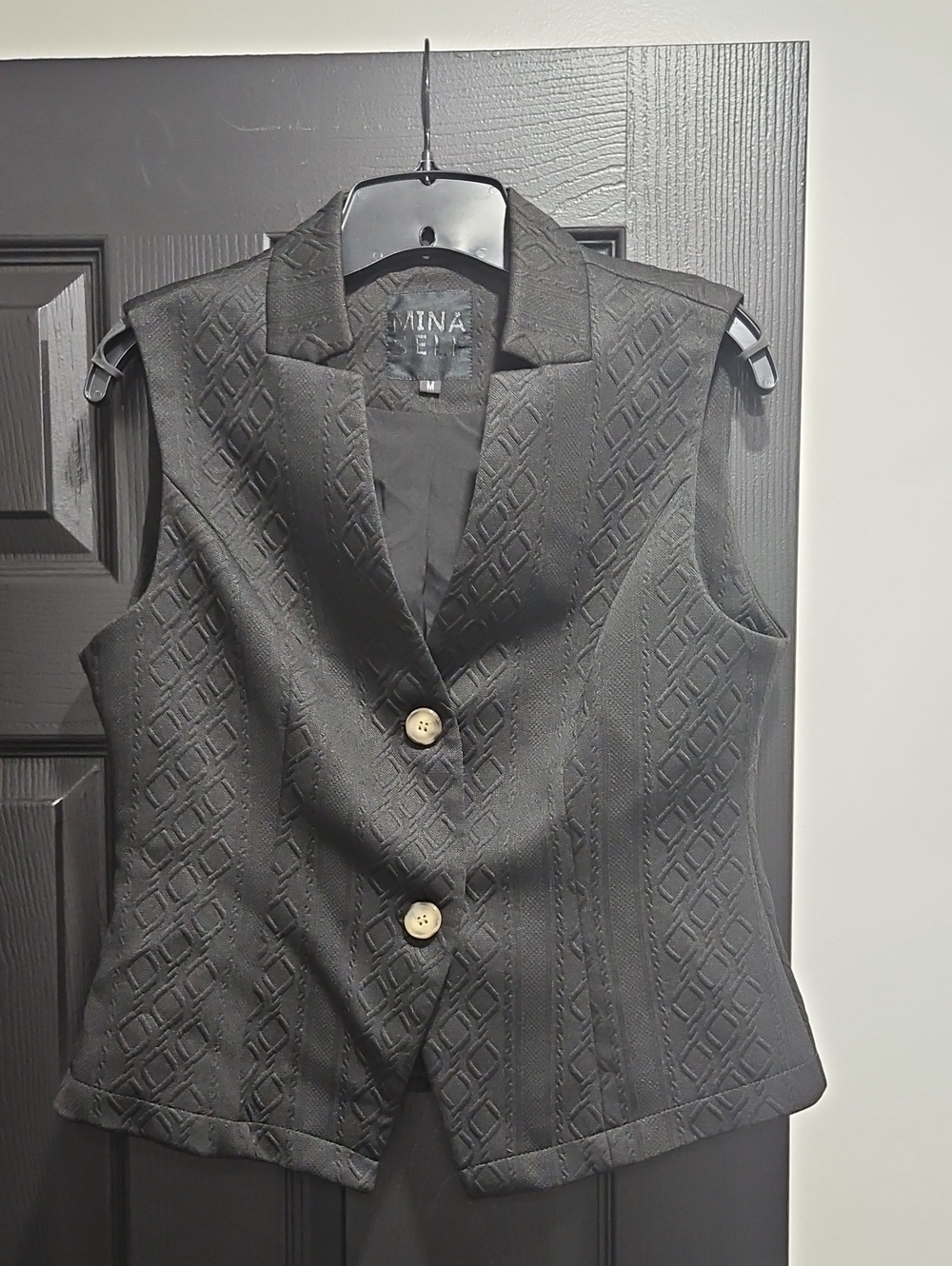 Mina Self Black Textured Sleeveless Blazer Vest with Contrast Buttons